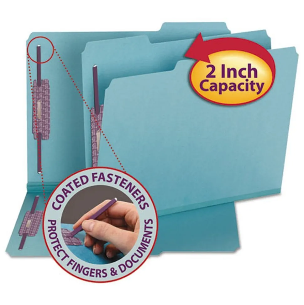 Smead 2 in. Expansion Colored Pressboard Folders with 2 SafeSHIELD Coated Fasteners - Letter Size/Blue (25/Box)