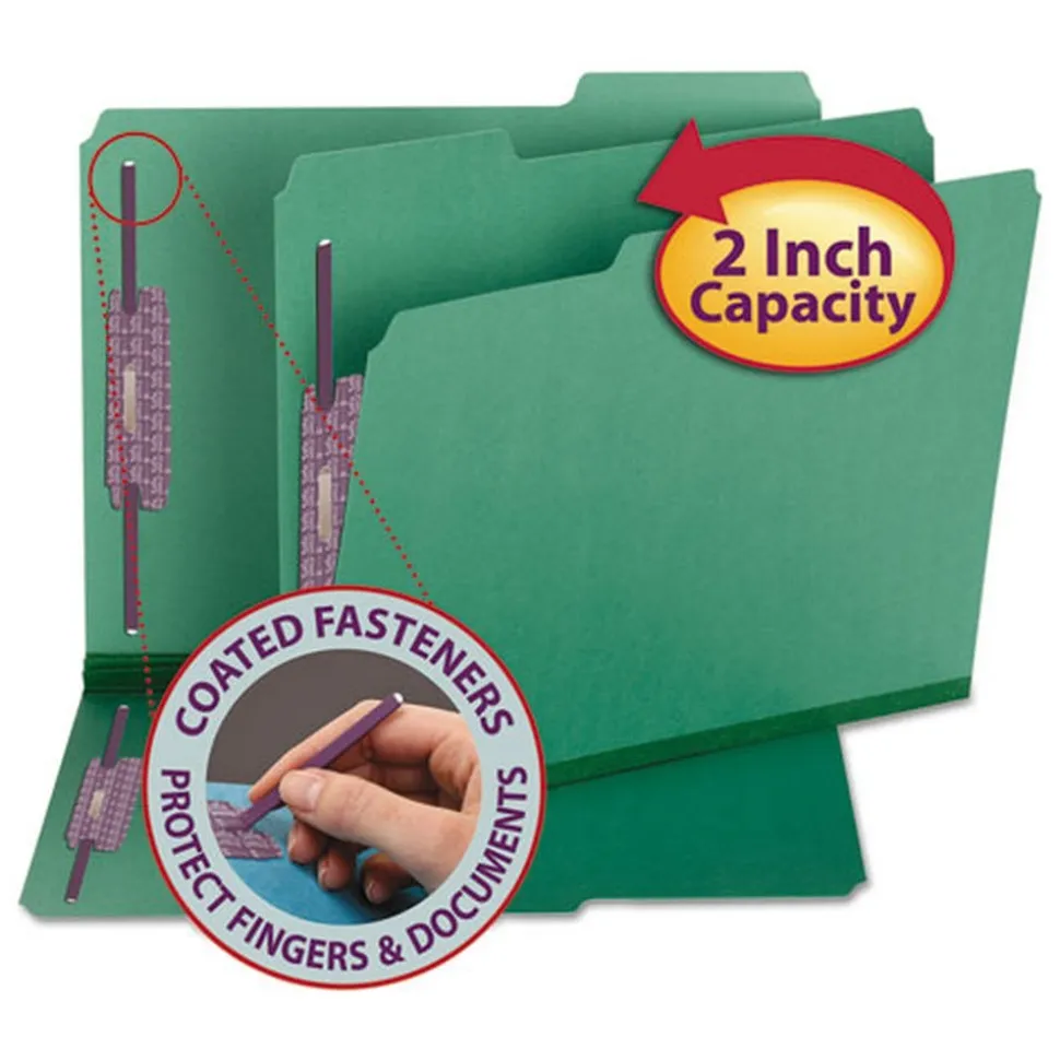 Smead 2 in. Expansion Colored Pressboard Folders with 2 SafeSHIELD Coated Fasteners - Letter Size/Green (25/Box)