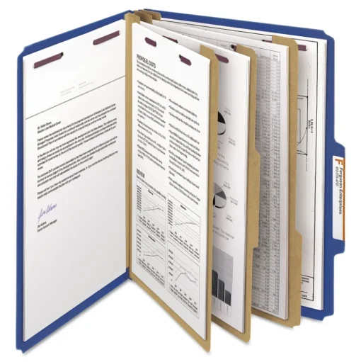 Smead 8 SafeSHIELD Fasteners 3 Dividers Letter Size Eight-Section Pressboard Top Tab Classification Folders - Dark Blue (10/Box)