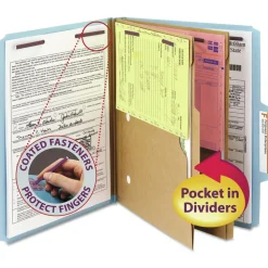 Smead 6 SafeSHIELD Fasteners 2 Dividers Letter Size 6-Section Pressboard Top Tab Pocket Classification Folders - Blue (10/Box)