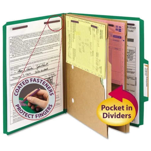 Smead 6 SafeSHIELD Fasteners 2 Dividers Letter Size 6-Section Pressboard Top Tab Pocket Classification Folders - Green (10/Box)