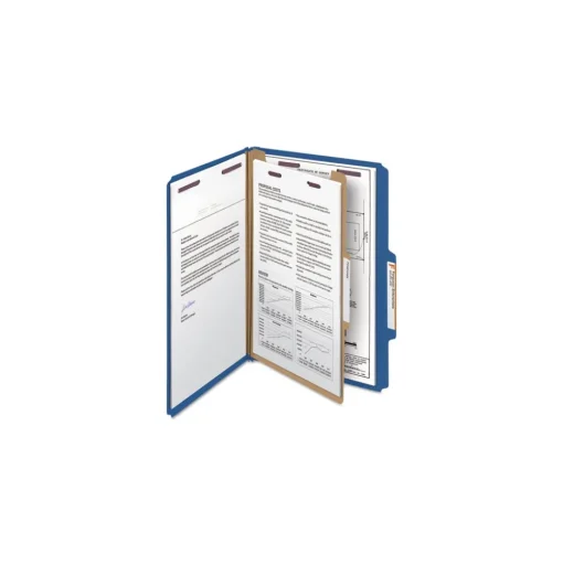 Smead Four SafeSHIELD Fasteners 1 Divider Legal Size Four-Section Pressboard Top Tab Classification Folders - Dark Blue (10/Box)
