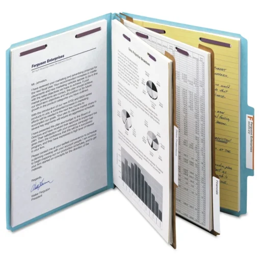 Smead 6-Section Pressboard Top Tab Classification Folders with 6 SafeSHIELD Fasteners - Letter Size/Blue (10/Box)