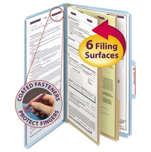 Smead Six SafeSHIELD Fasteners 2 Dividers Legal Size Six-Section Pressboard Top Tab Classification Folders - Blue (10/Box)