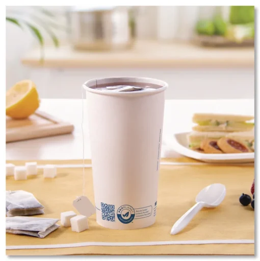 SOLO Recycled Content PCF Paper Hot Cups ProPlanet Seal 20 oz White/Blue 600/Carton