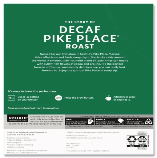 Starbucks 12434952 Coffee K-Cups - Pike Place Decaf (96/Carton)
