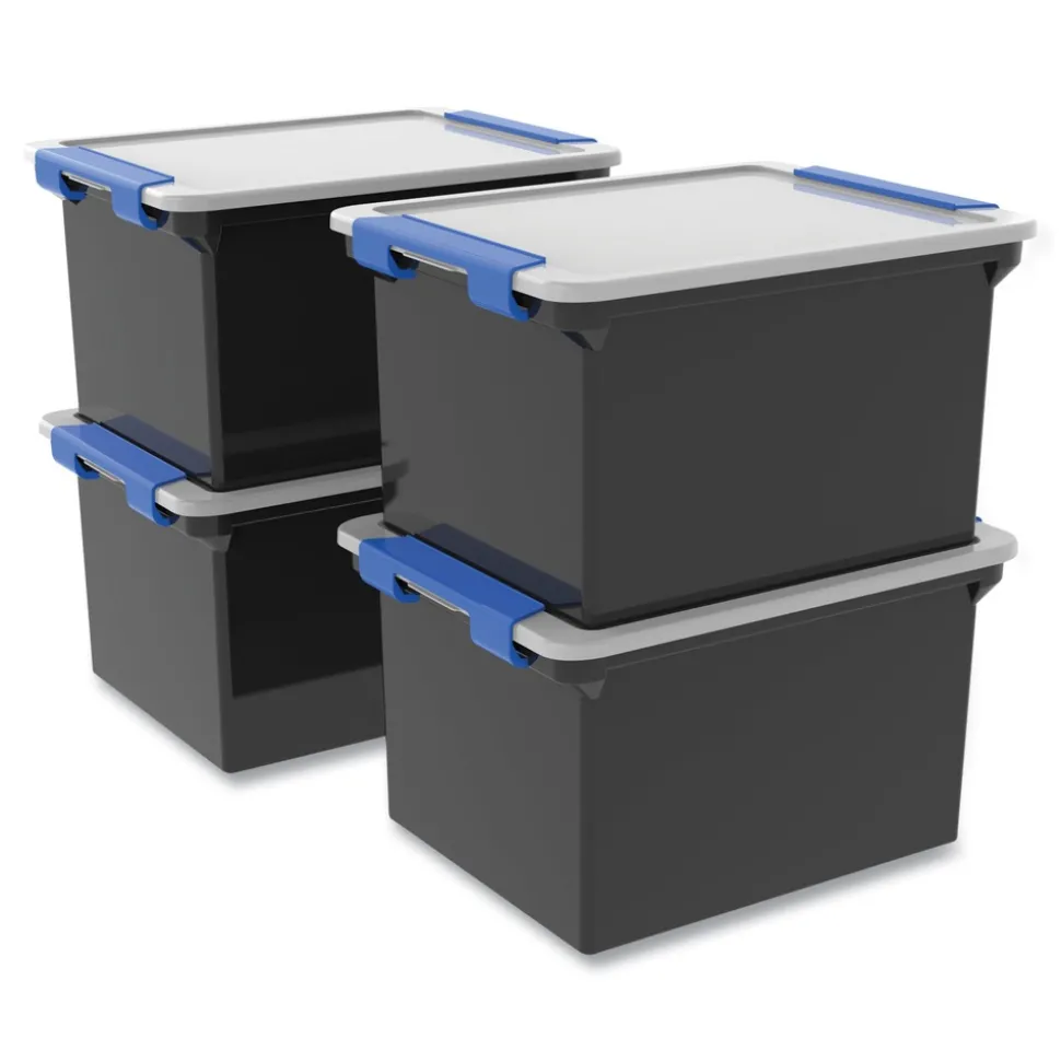 Storex 13.9 in. x 18.3 in. x 10.6 in. Legal/Letter Tote with Locking Handles - Black/Silver/Blue (4/Carton)