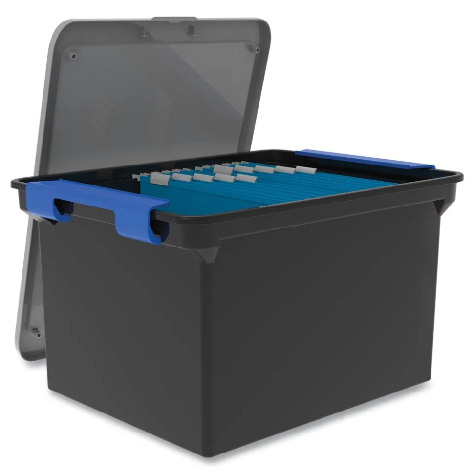 Storex 13.9 in. x 18.3 in. x 10.6 in. Legal/Letter Tote with Locking Handles - Black/Silver/Blue (4/Carton)