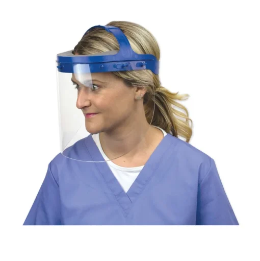 Suncast 16.5 in. x 10.25 in. x 11 in. Fully Assembled Full Length Face Shield with Head Gear - Clear/Blue (16/Carton)