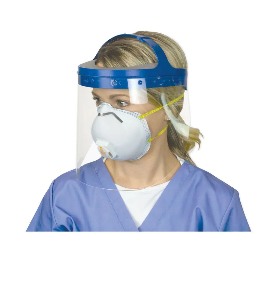 Suncast 16.5 in. x 10.25 in. x 11 in. Fully Assembled Full Length Face Shield with Head Gear - Clear/Blue (16/Carton)