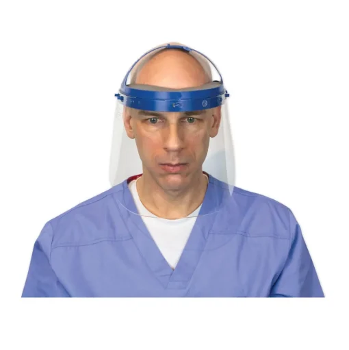 Suncast 16.5 in. x 10.25 in. x 11 in. Fully Assembled Full Length Face Shield with Head Gear - Clear/Blue (16/Carton)