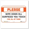 Tabbies BeSafe 9 in. x 6 in. Please Wipe Down All Surfaces You Touch Messaging Repositionable Wall/Door Signs - White (30/Carton)
