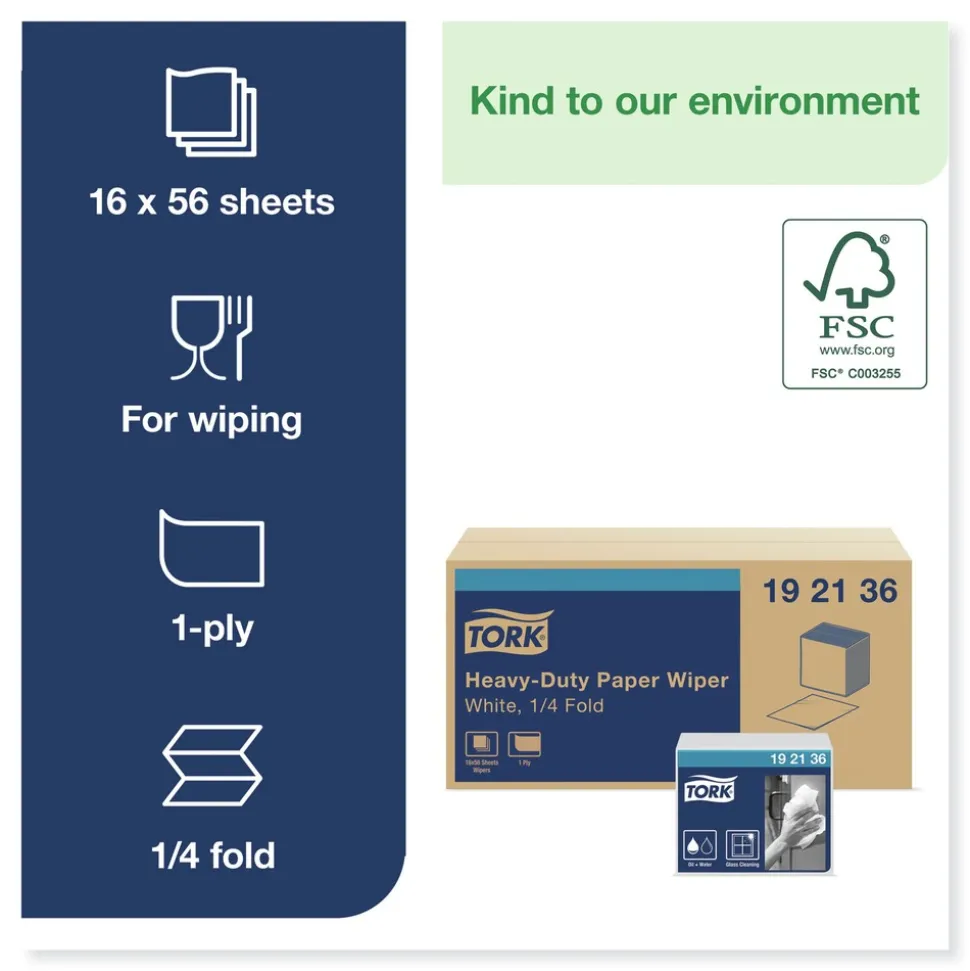 Tork 192136 1/4 Fold 1-Ply 12.5 in. x 13 in. Heavy-Duty Paper Wiper - White (16/Carton)