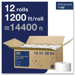 Tork 12013903 3.48 in. x 1200 ft. Septic Safe 1-Ply Advanced Bath Tissue - Jumbo, White (12/Carton)