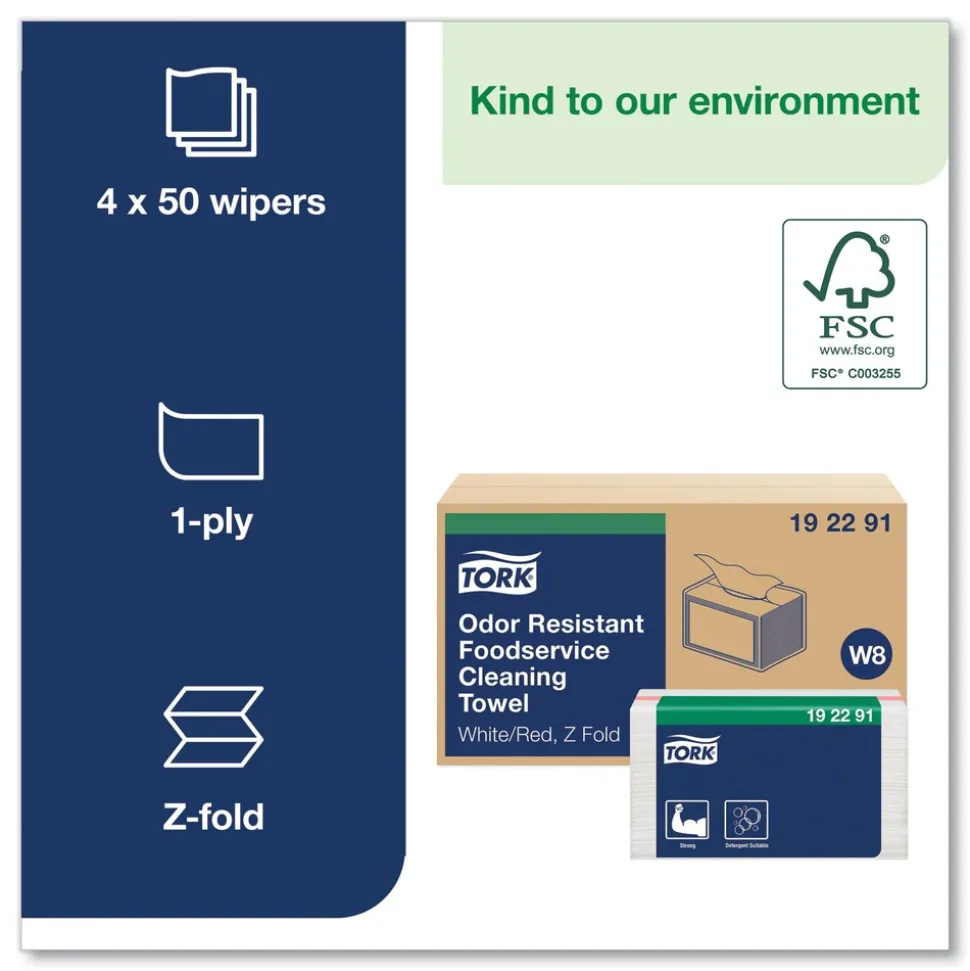 Tork 11.75 in. x 14.75 in. 1-Ply Small Pack Foodservice Cloth - Unscented/White/Red Stripe (4/Carton)