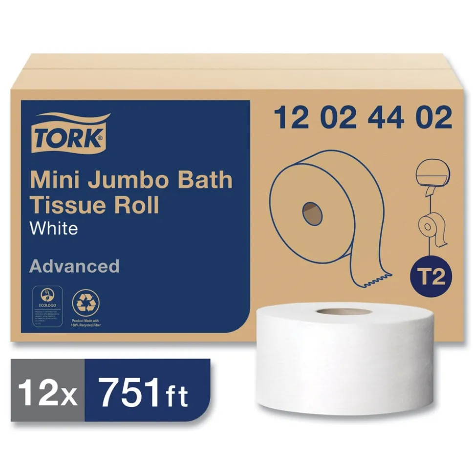 Tork Advanced 3.48 in. x 751 ft. 2-Ply Septic Safe Mini-Jumbo Roll Bath Tissue - White (12/Carton)