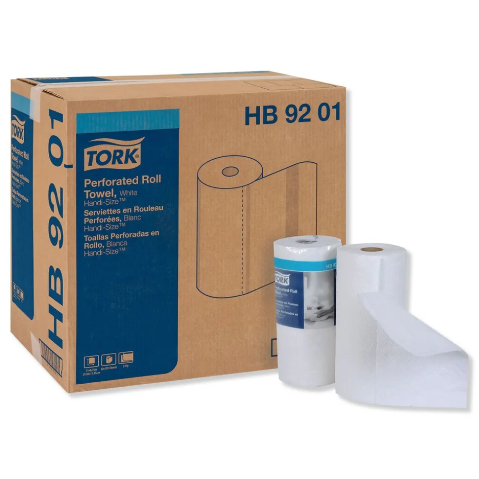 Tork HB9201 Handi-Size 2-Ply 11 in. x 6.75 in. Perforated Roll Towels - White (120/Roll, 30/Carton)