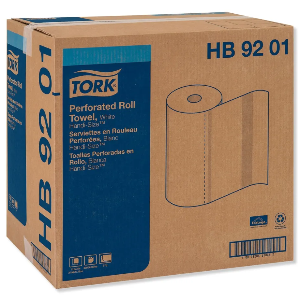 Tork HB9201 Handi-Size 2-Ply 11 in. x 6.75 in. Perforated Roll Towels - White (120/Roll, 30/Carton)