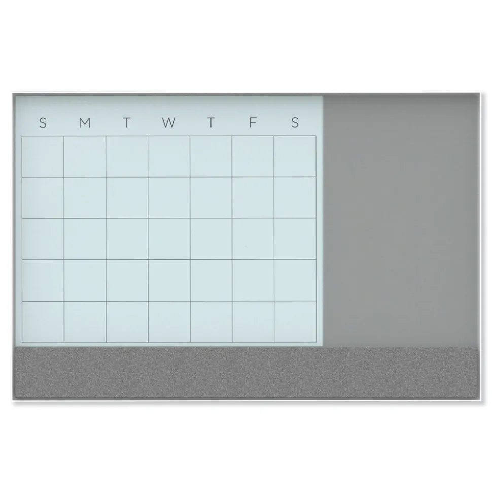 U Brands 23 in. x 17 in. Monthly View 3-N-1 Magnetic Glass Dry Erase Combo Board - White Aluminum