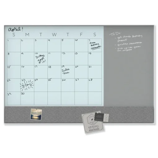 U Brands 3N1 48 x 36 Magnetic Glass Dry Erase Combo Board - Gray/White Surface/White Frame