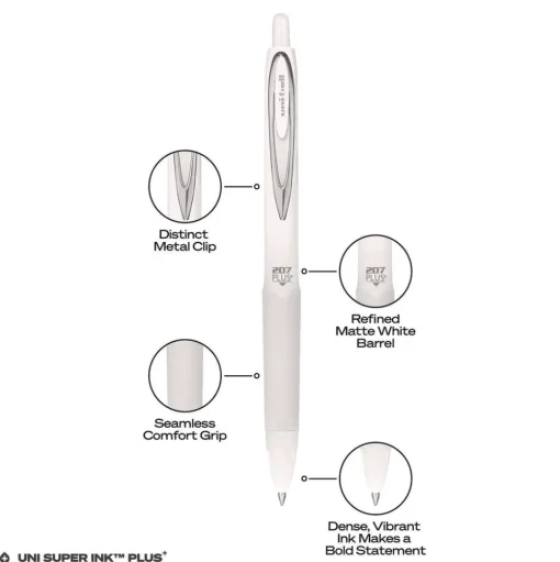 uni-ball Medium 0.7 mm 207 Plusplus Retractable Gel Pen - Black Ink, White Barrel (1-Dozen)