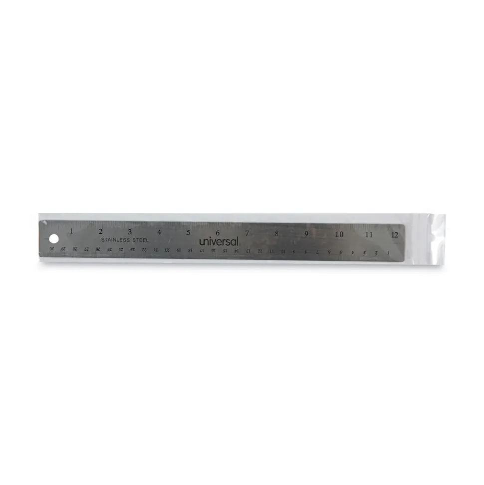 Universal 12 in. Long Standard/Metric Stainless Steel Ruler with Cork Back and Hanging Hole