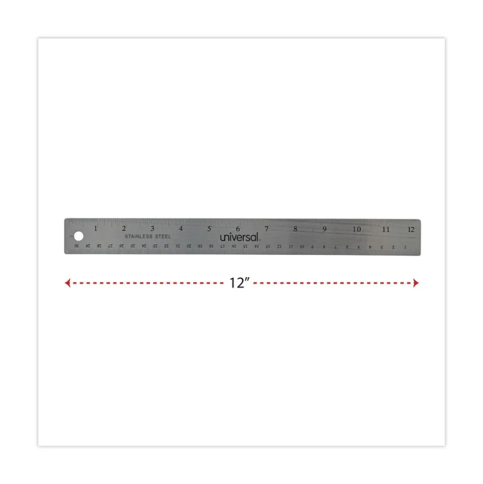 Universal 12 in. Long Standard/Metric Stainless Steel Ruler with Cork Back and Hanging Hole