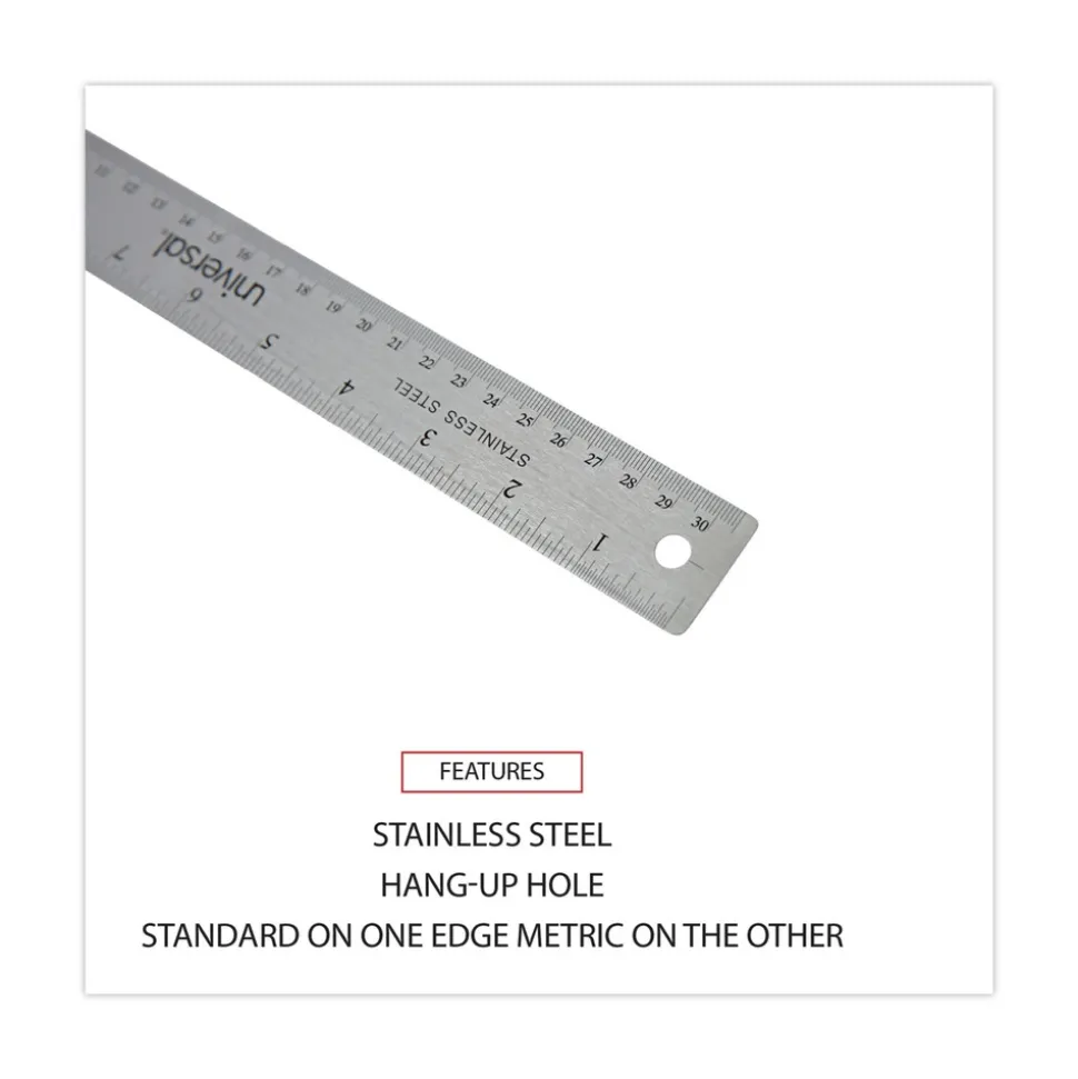 Universal 12 in. Long Standard/Metric Stainless Steel Ruler with Cork Back and Hanging Hole