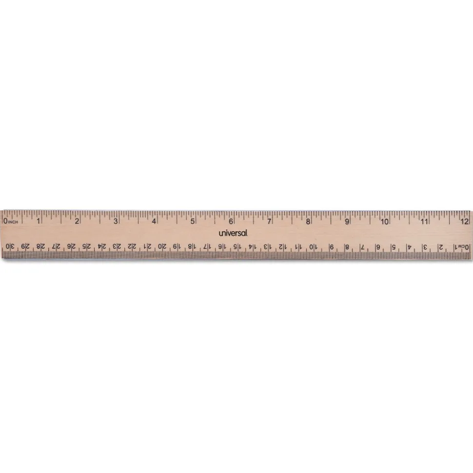 Universal 12 in. Long, Standard, Flat Wood Ruler with Double Metal Edge - Clear Lacquer Finish