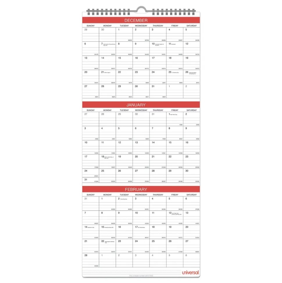 Universal 12 in. x 27 in. 14-Month (Dec 2025-Jan 2027) Three-Month Wall Calendar - White/Red Sheets