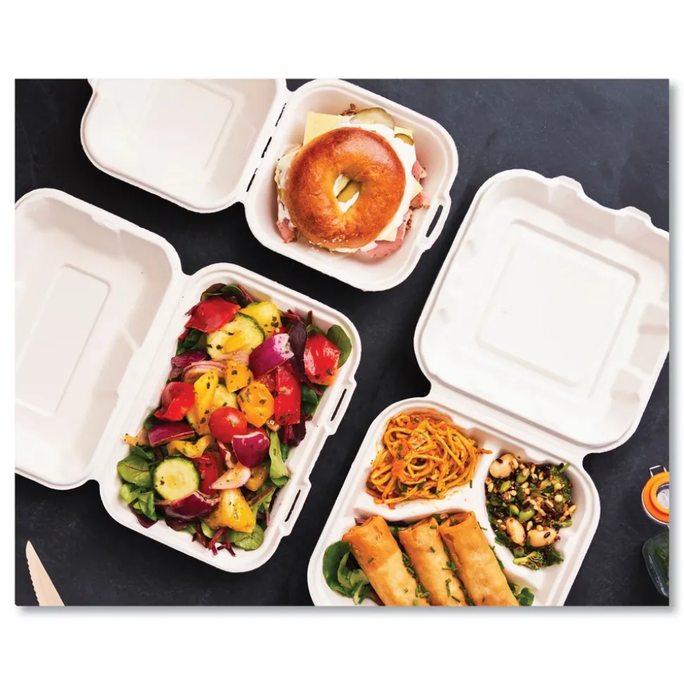 Vegware 7.9 in. x 7.9 in. x 2.9 in. Molded Fiber Compostable Sugarcane 3-Compartment Clamshell Containers - White (200/Carton)