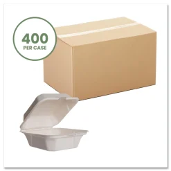 Vegware 5.9 in. x 5.9 in. x 2.9 in. Molded Fiber Compostable Sugarcane Clamshell Containers - White (400/Carton)