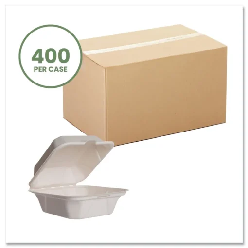 Vegware 5.9 in. x 5.9 in. x 2.9 in. Molded Fiber Compostable Sugarcane Clamshell Containers - White (400/Carton)