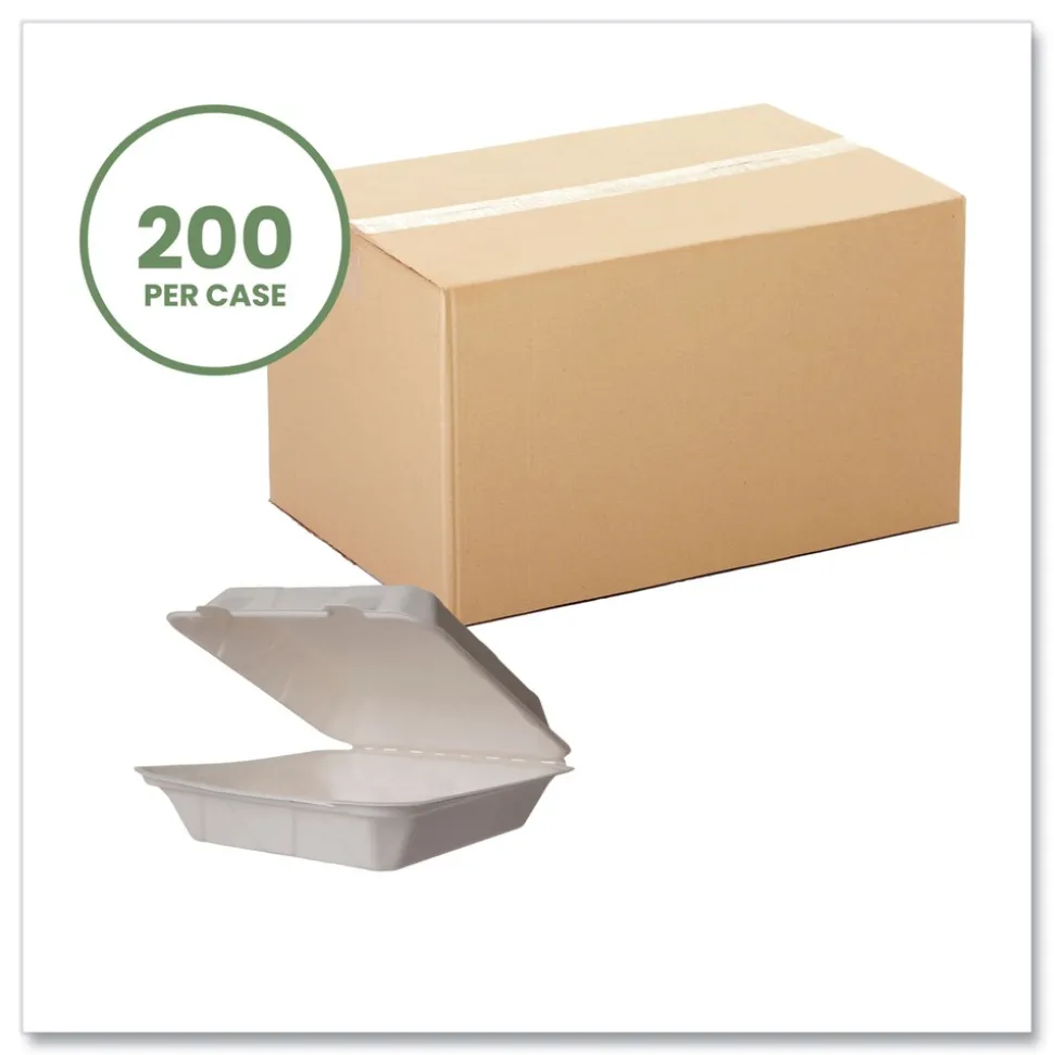 Vegware 9 in. x 9 in. x 3 in. Molded Fiber Compostable Sugarcane Clamshell Containers - White (200/Carton)