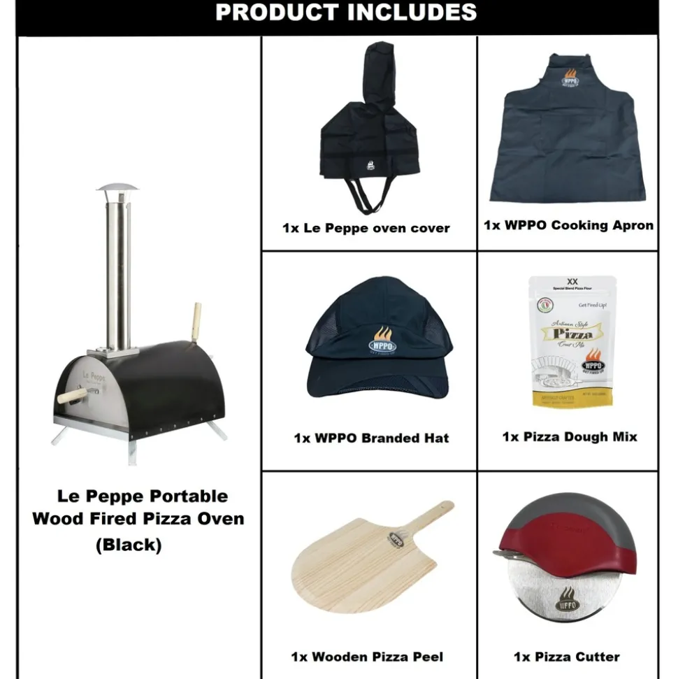 WPPO 7-Piece 20 in. x 27 in. x 32 in. Le Peppe Portable Wood Fired Pizza Oven Kit - Black