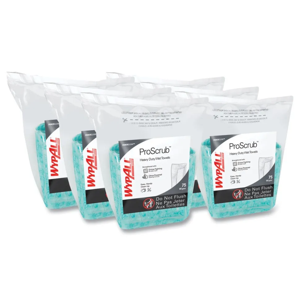 WypAll Power Clean ProScrub 12 in. x 9.5 in. Pre-Saturated Wipes - Citrus Scent, Green (75/Pack, 6 Packs/Carton)