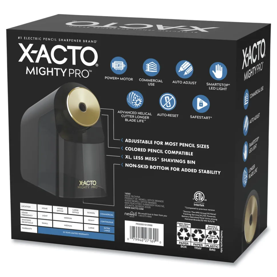 X-ACTO 4 in. x 8 in. x 7.5 in. AC-Powered Mighty Pro Electric Pencil Sharpener - Black/Gold/Smoke