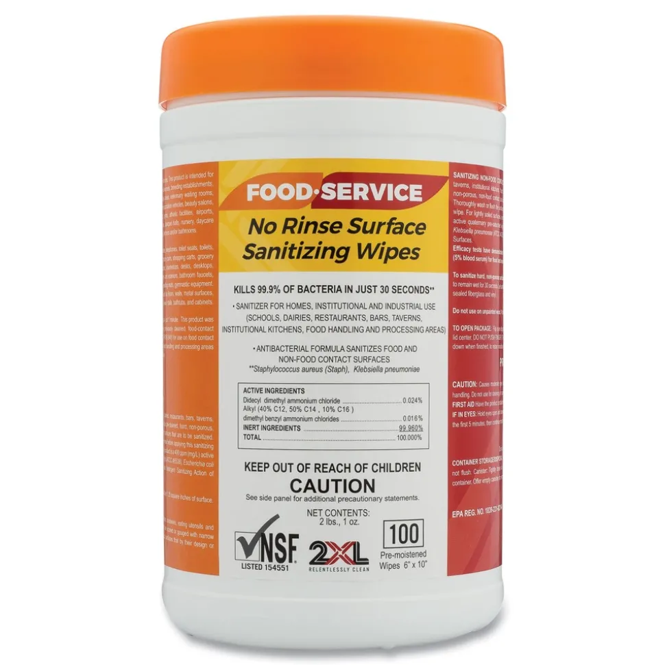 2XL 6 in. x 8 in. 1-Ply Food Service No Rinse Surface Sanitizing Wipes - White (6/Carton)