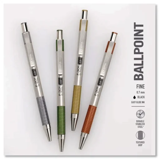 Zebra F-301 Signature Series Earthy Tones Fine 0.7 mm. Retractable Ballpoint Pen - Black Ink/Pewter Barrel (4/Pack)