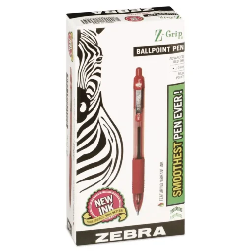 Zebra Z-Grip Ballpoint Pen, Retractable, Medium 1 mm, Red Ink, Red/Clear Barrel, Dozen